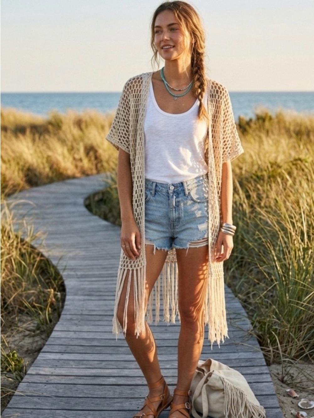 POL CREAM CROCHET FRINGE OPEN KNIT KIMONO SIZE LARGE